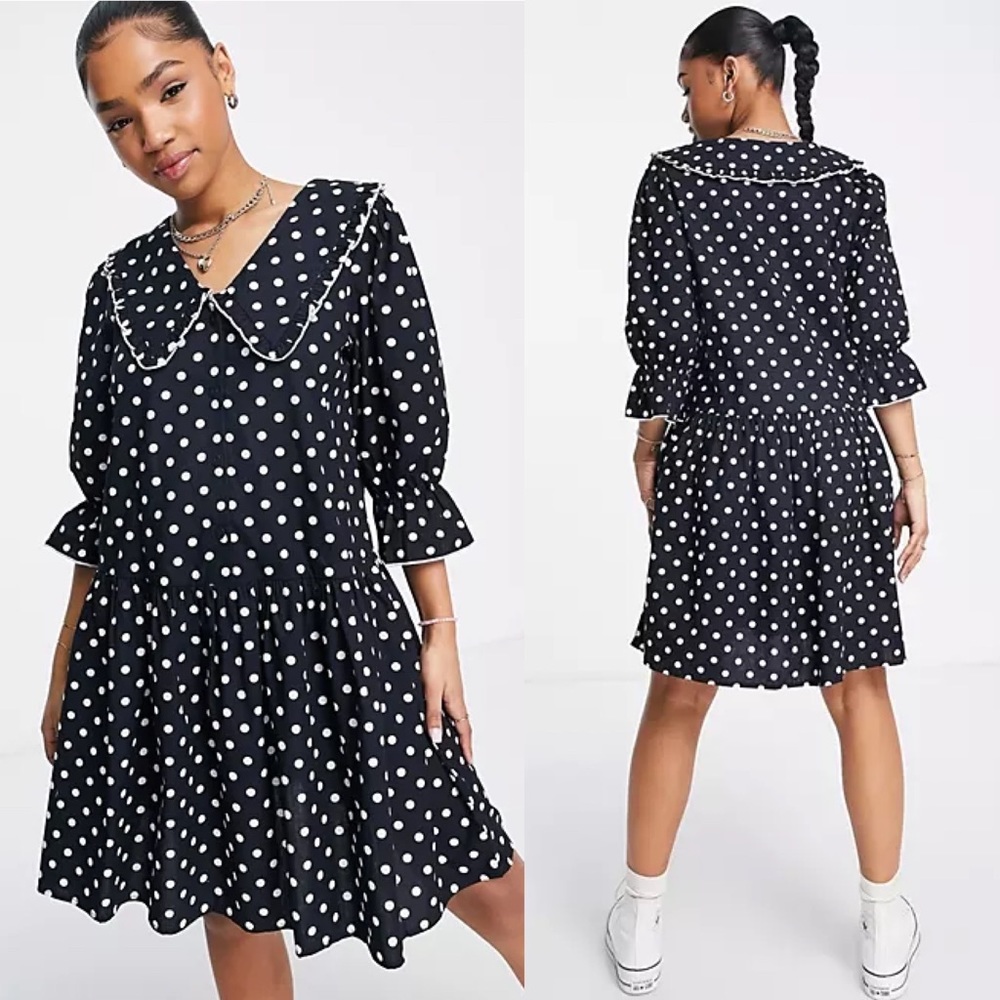 JDY Oversized Collar Puff Sleeve Mini Dress in Black Spot